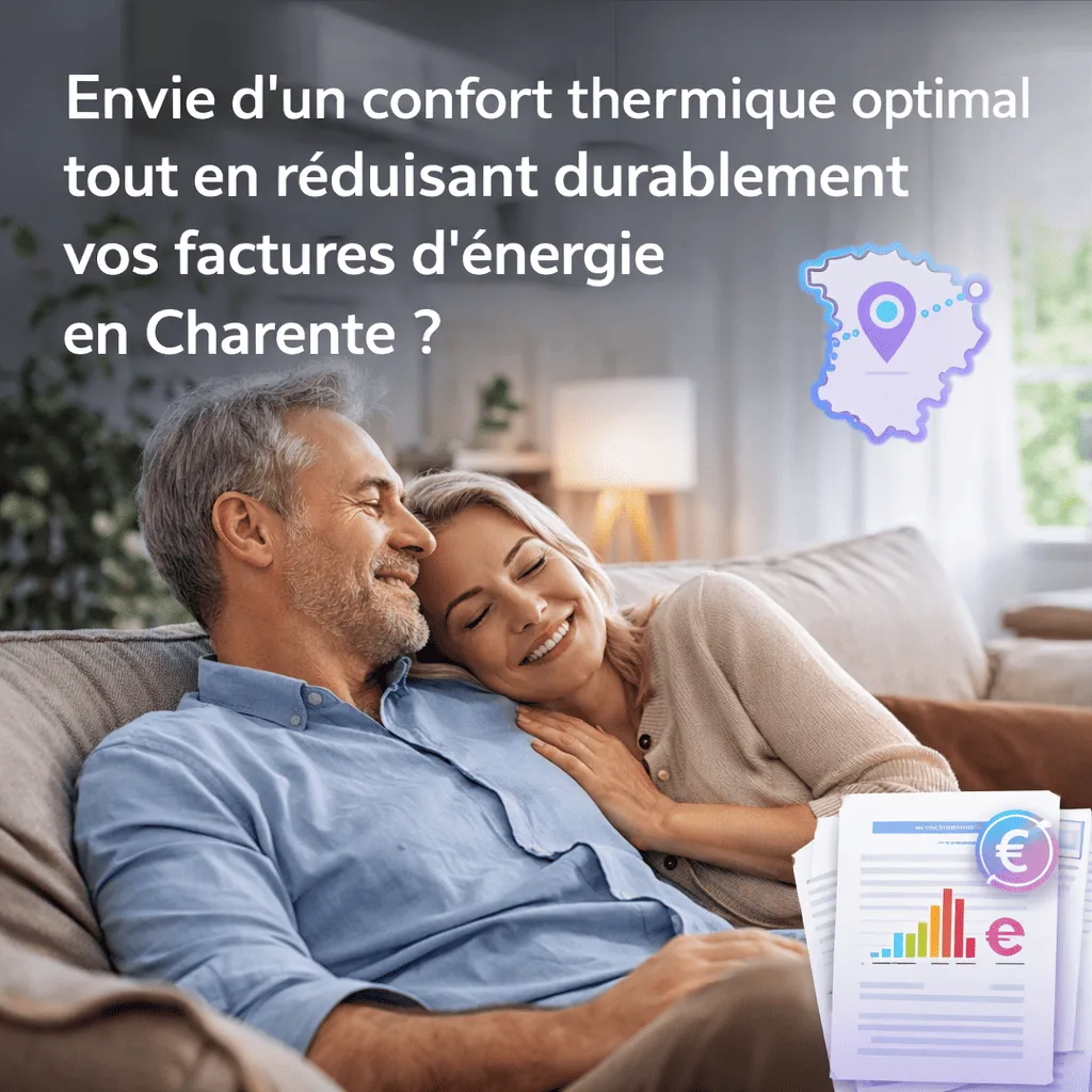 Couple détendu dans un salon confortable en Charente après installation d’une pompe à chaleur permettant de réduire les factures d’énergie.