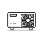 L'image est une icône en noir et blanc représentant une unité extérieure de pompe à chaleur ou de climatisation. Elle est dessinée avec des lignes simples et épurées.