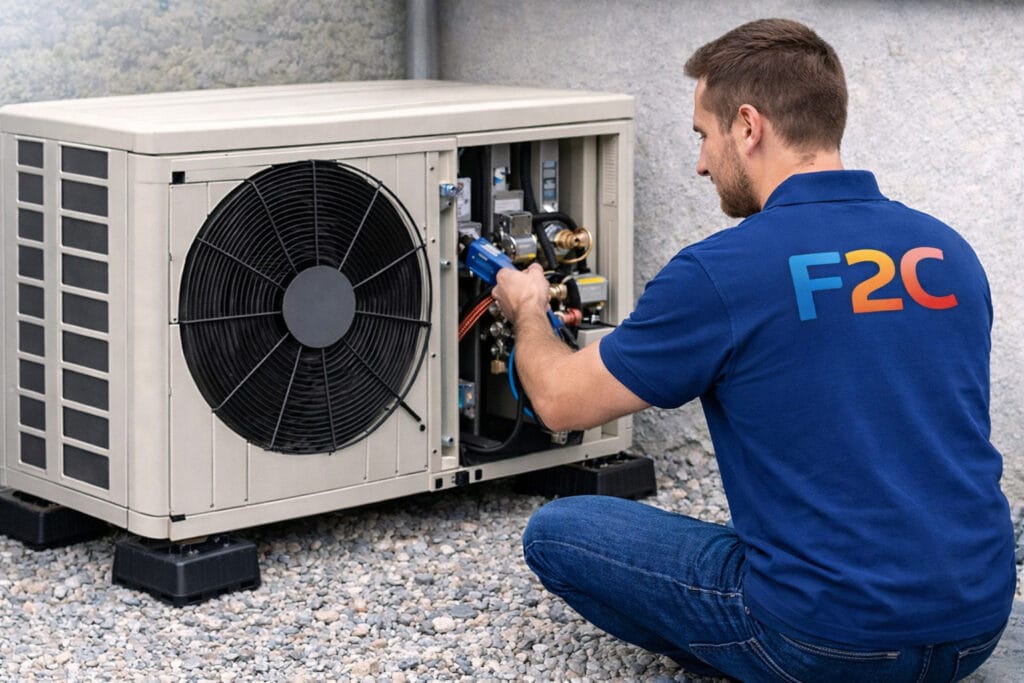 Technicien F2C intervention sur pompe à chaleur