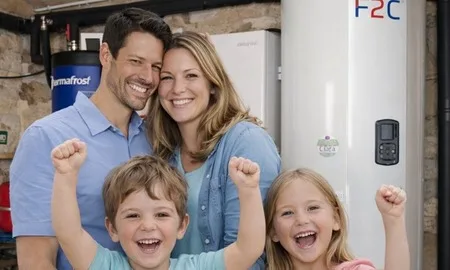 Famille heureuse devant une pompe à chaleur air/eau F2C installée en Charente - 16